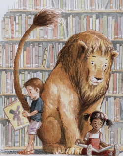 un leone in biblioteca